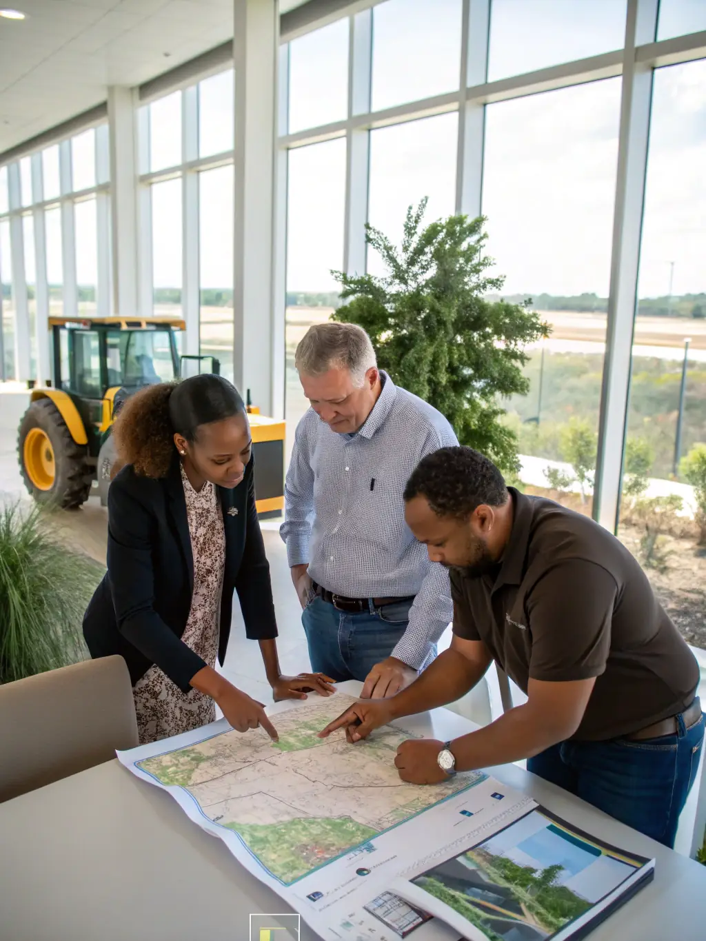 A professional photo of a diverse team of land acquisition specialists collaborating in a modern office setting, symbolizing expertise and teamwork at JD Land Ventures.