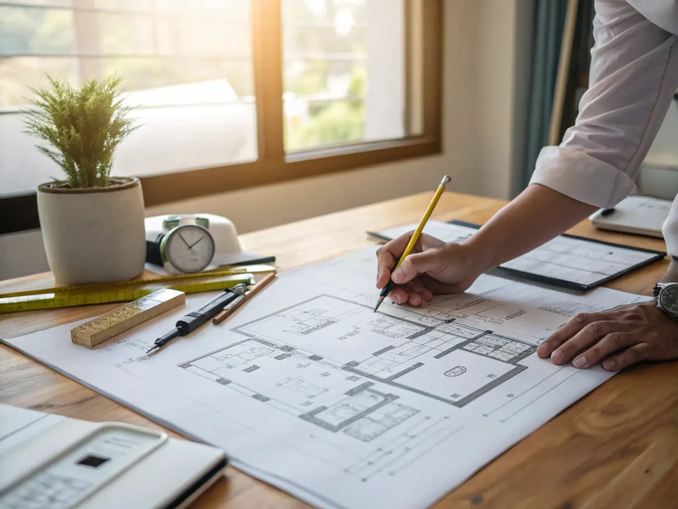 A close-up shot of architectural plans laid out on a table, symbolizing the planning and development process.