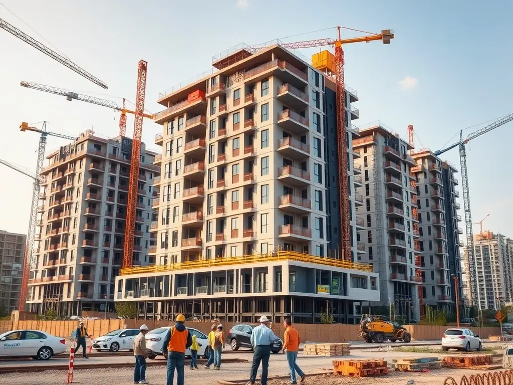 A high-angle shot of a construction site with several houses being built, emphasizing the potential for growth and development.