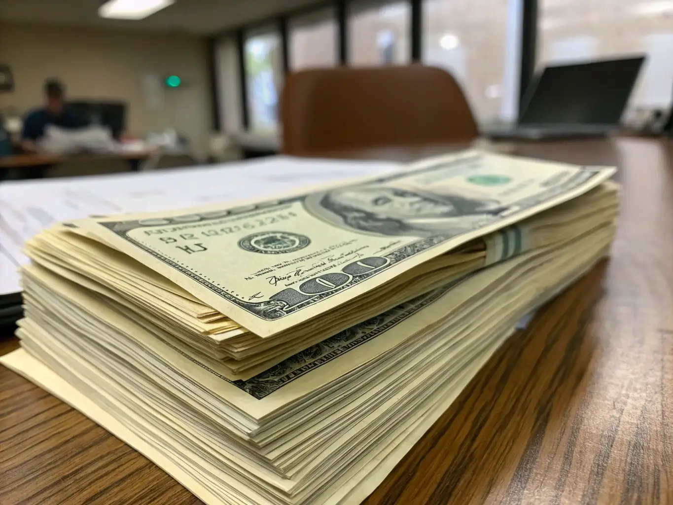 An image showcasing a stack of cash, representing the full cash offer provided by JD Land Ventures for land acquisitions. The background is blurred to emphasize the cash.
