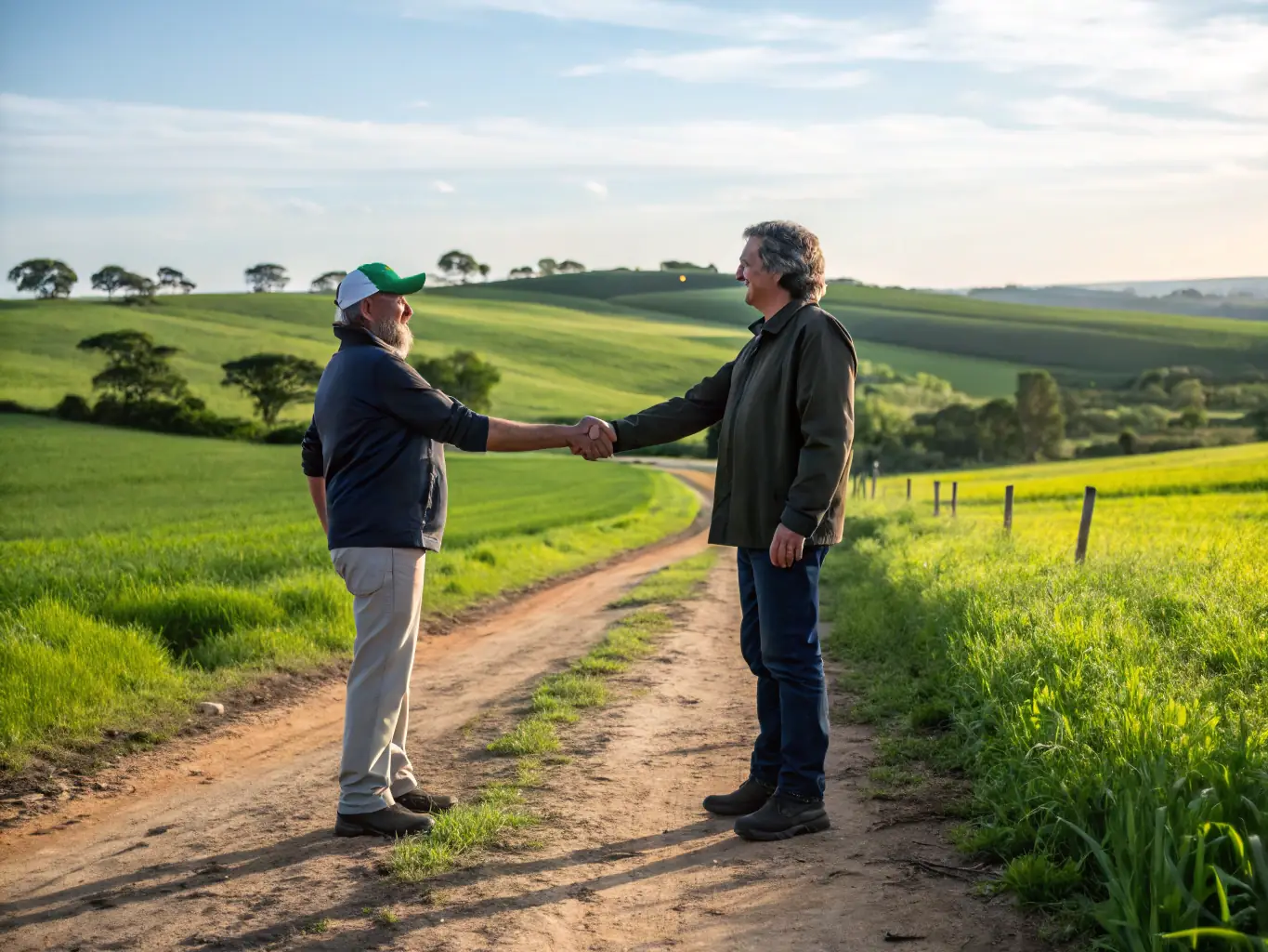A photo depicting a handshake between a JD Land Ventures representative and a landowner, symbolizing the agreement and partnership in the land acquisition process. The setting is outdoors, with a clear blue sky in the background, conveying trust and transparency.